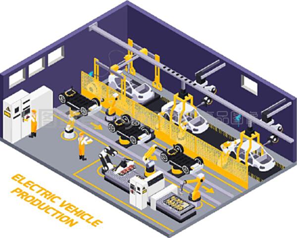 电动汽车生产设施内部机器人装配线遥控传送带元件等距视图矢量插图